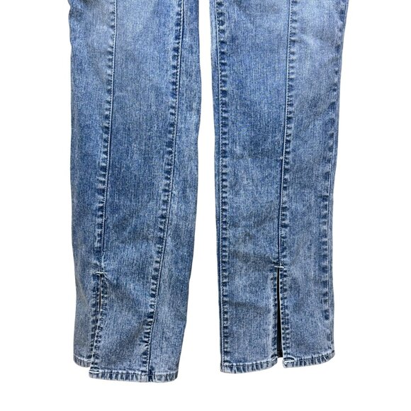 True Religion Denim Jumpsuit Womens XL Blue Front Zip Slit Distressed Overalls - Picture 4 of 14